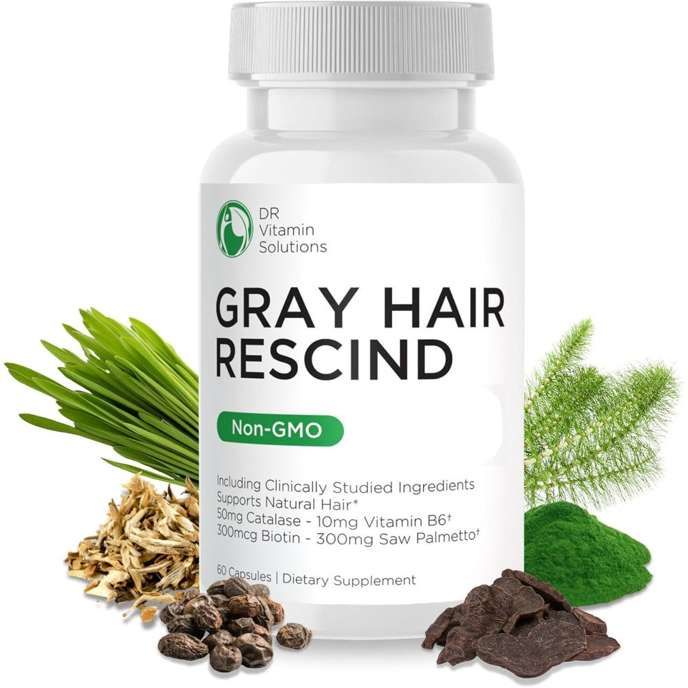DR Vitamin Solutions Gray Hair Rescind 60 capsules front view bottle showing premium antiaging hair supplement formulation