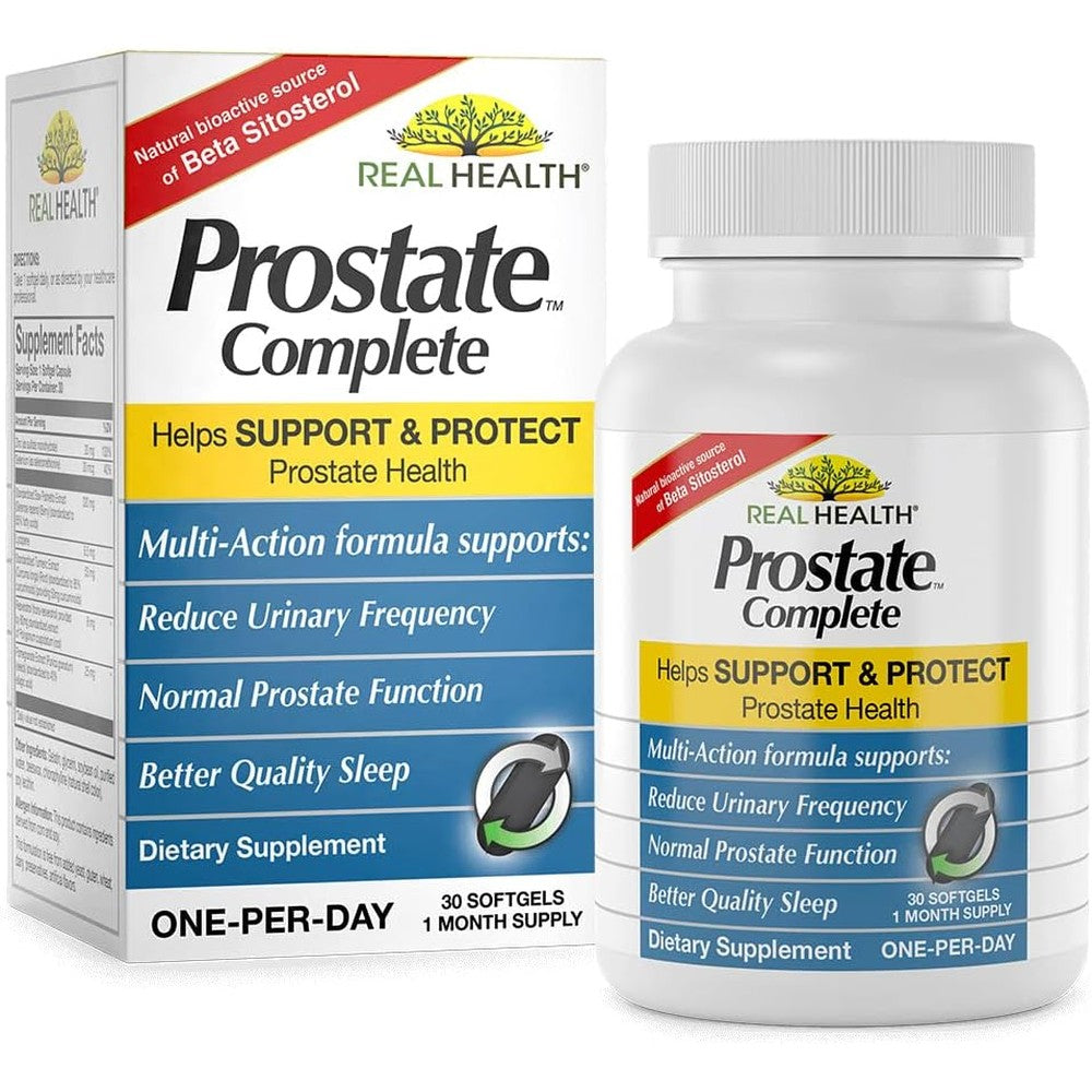 Real Health Prostate Complete 30 softgels front view package for men's urinary health.