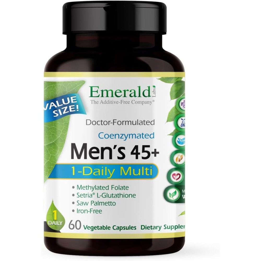 Emerald Labs Men's 45 Plus 1 Daily Multi 60 capsules front view bottle showing premium health supplement