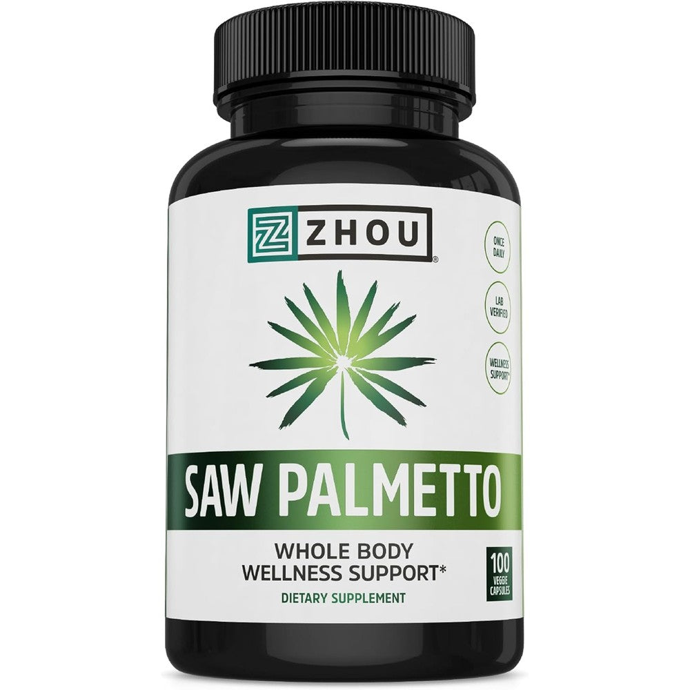 Zhou Nutrition Saw Palmetto 500 Milligram bottle front view showing prostate support supplement capsules.