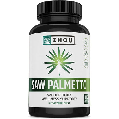 Zhou Nutrition Saw Palmetto 500 Milligram bottle front view showing prostate support supplement capsules.