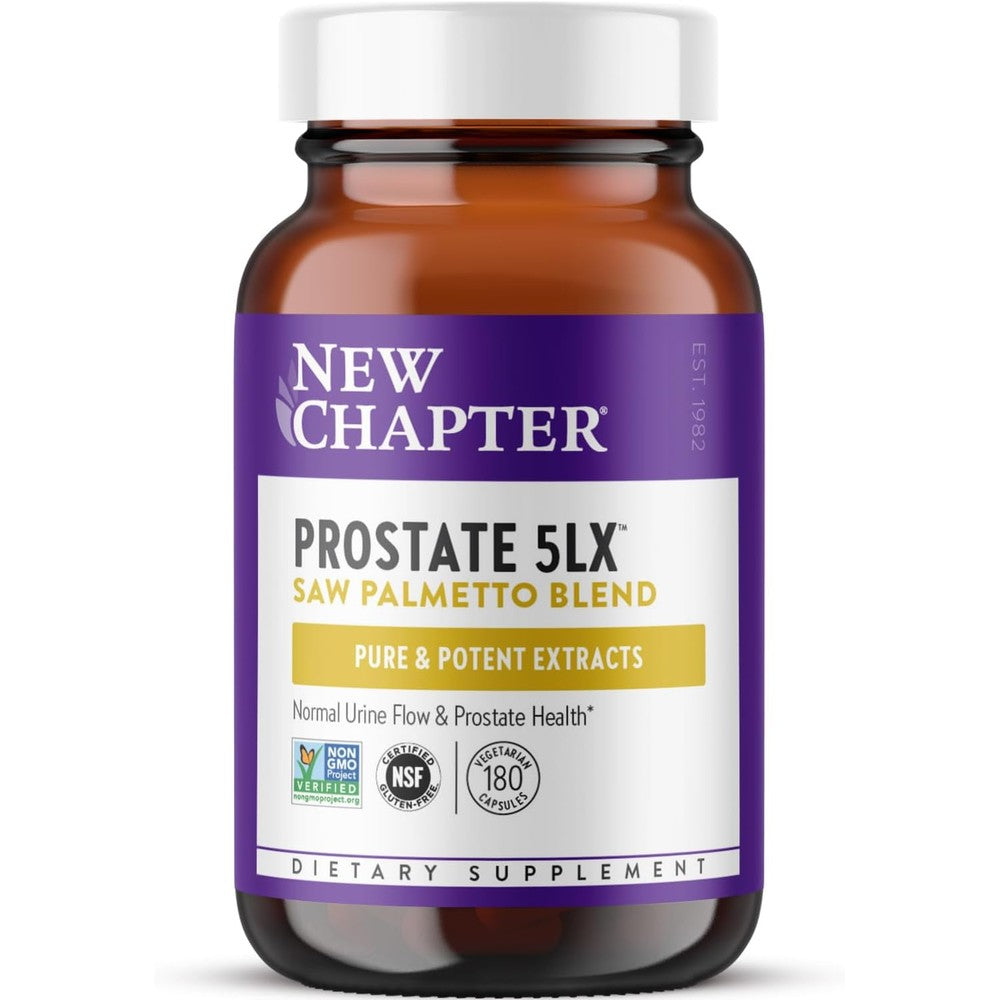 New Chapter Prostate 5LX 180 vegetarian capsules front bottle view showing saw palmetto and selenium supplement for men.