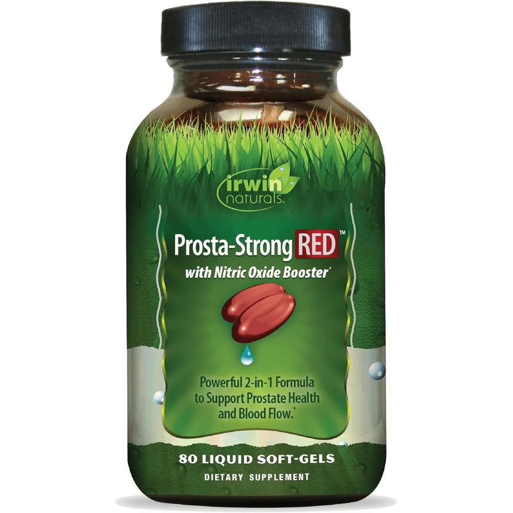 Irwin Naturals Prosta Strong RED 80 liquid softgels bottle front view for men prostate health support