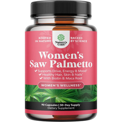 Nature's Craft Women's Saw Palmetto 90 Capsules front view bottle showing DHT blocker hair vitamins labeling.