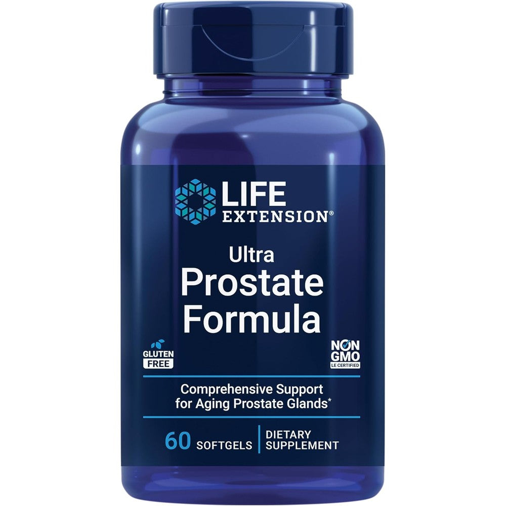 Life Extension Ultra Prostate Formula 60 softgels front view bottle for prostate health.