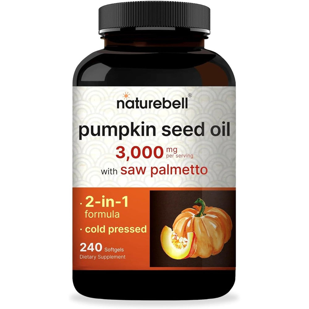 NatureBell Virgin Pumpkin Seed Oil and Saw Palmetto bottle front view for hair health supplement