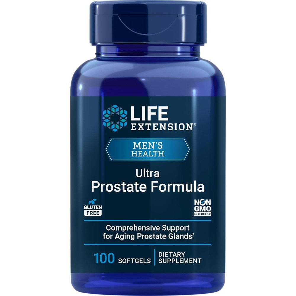 Life Extension Ultra Prostate Formula 100 softgels bottle front view highlighting the authentic USA imported packaging for men health.