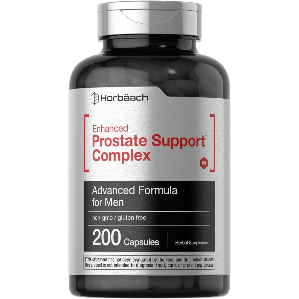 Horbaach Prostate Supplement for Men 200 capsules bottle front view showing the premium silver and black label.