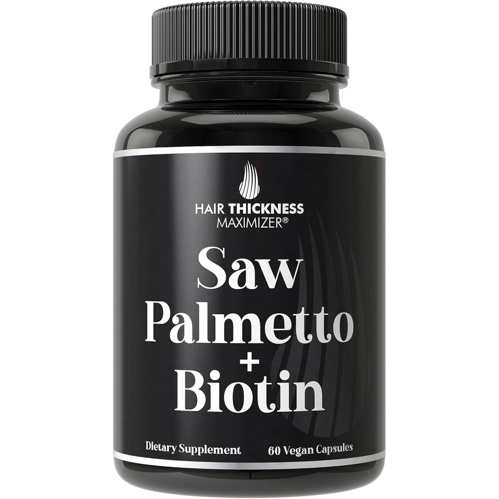 Hair Thickness Maximizer Saw Palmetto and Biotin 60 vegan capsules front view bottle showing natural hair growth formula