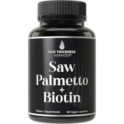 Hair Thickness Maximizer Saw Palmetto and Biotin 60 vegan capsules front view bottle showing natural hair growth formula