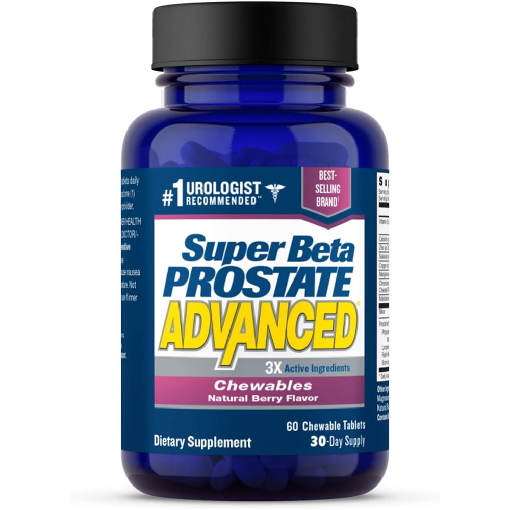 New Vitality Super Beta Prostate Advanced 60 chewable tablets bottle front view showing berry flavor details