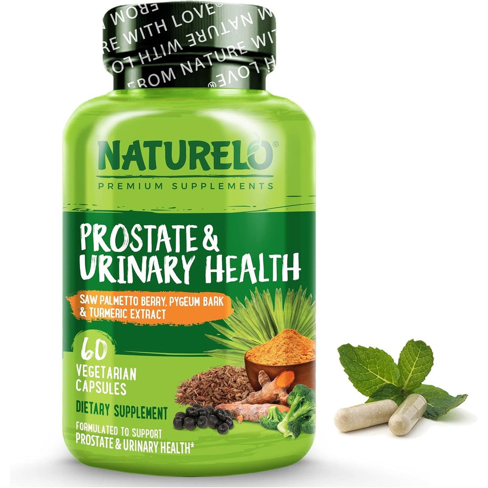 NATURELO Prostate and Urinary Health Support 60 vegetarian capsules front bottle view.