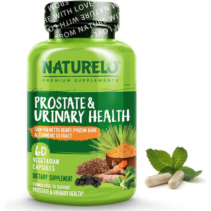 NATURELO Prostate and Urinary Health Support 60 vegetarian capsules front bottle view.