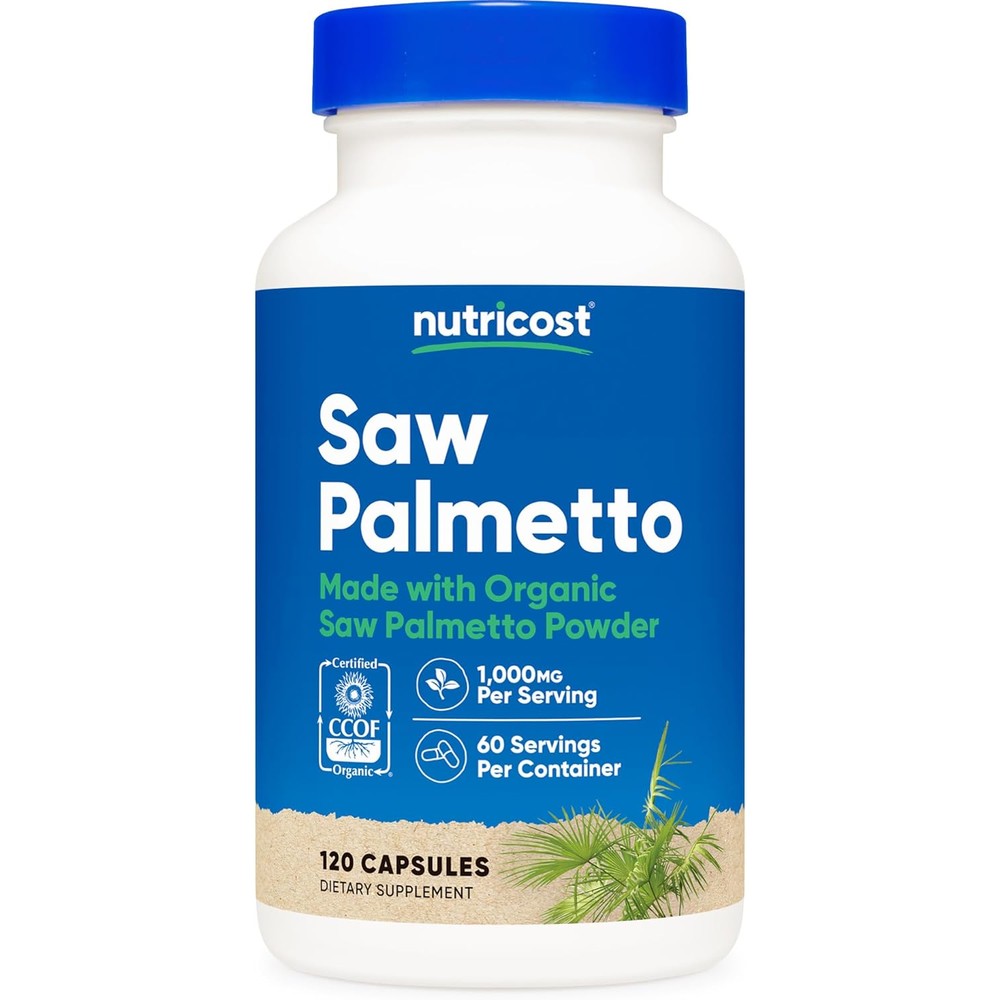 Nutricost Organic Saw Palmetto 1000mg 120 capsules front view bottle for prostate support