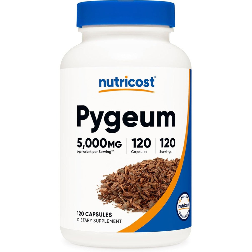 Nutricost Pygeum 5000mg 120 vegetarian capsules front bottle view for prostate health supplement