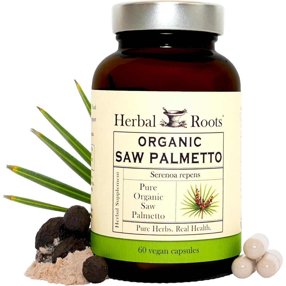 Herbal Roots Organic Saw Palmetto 1000mg 60 vegan capsules front view bottle for prostate health
