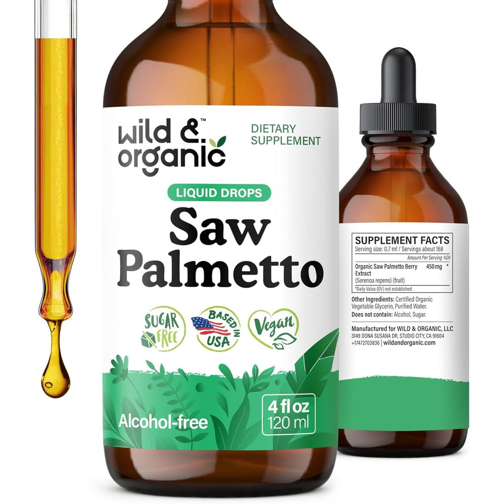 Wild and Organic Saw Palmetto Liquid Drops front view for prostate and hair support