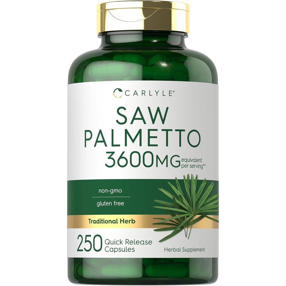 Carlyle Saw Palmetto Extract 3600mg 250 capsules front view bottle showing premium herbal support formula.