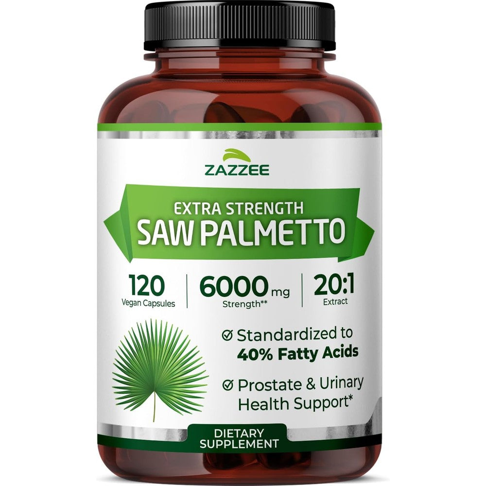 Zazzee Extra Strength Saw Palmetto 6000mg capsule bottle front view