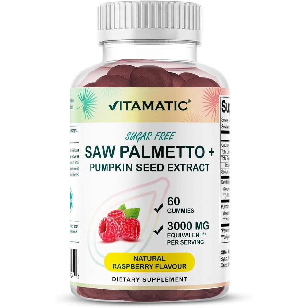 Vitamatic Sugar Free Saw Palmetto and Pumpkin Seed 60 Gummies front view bottle for prostate health