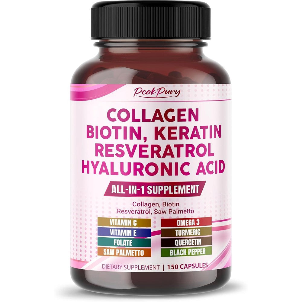 PEAKPURY Collagen Biotin and Resveratrol front view bottle showcasing skin and joint health supplement