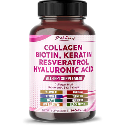 PEAKPURY Collagen Biotin and Resveratrol front view bottle showcasing skin and joint health supplement