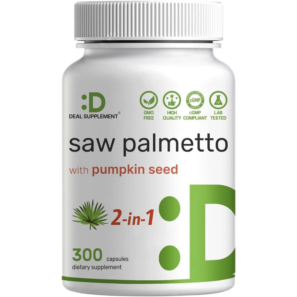 Deal Supplement Saw Palmetto and Pumpkin Seed complex 300 capsules front view bottle showing DHT blocker benefits