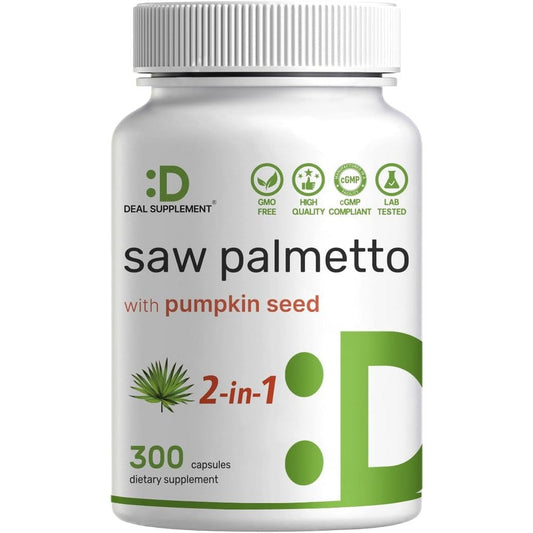 Deal Supplement Saw Palmetto and Pumpkin Seed complex 300 capsules front view bottle showing DHT blocker benefits