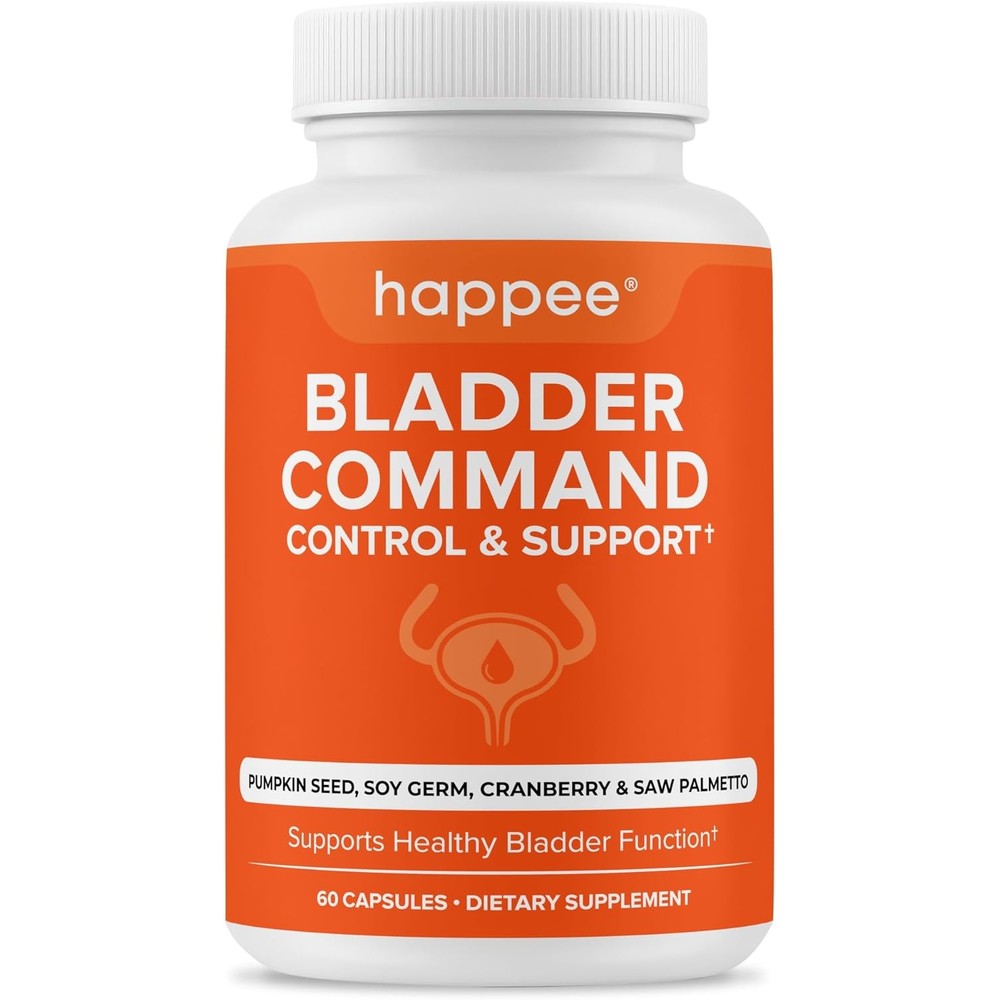 Happee bladder control supplement 60 vegetable capsules front view showing pumpkin seed and cranberry formula.