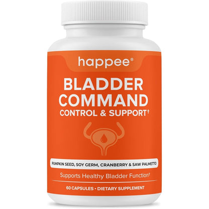 Happee bladder control supplement 60 vegetable capsules front view showing pumpkin seed and cranberry formula.