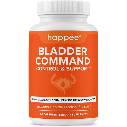 Happee bladder control supplement 60 vegetable capsules front view showing pumpkin seed and cranberry formula.