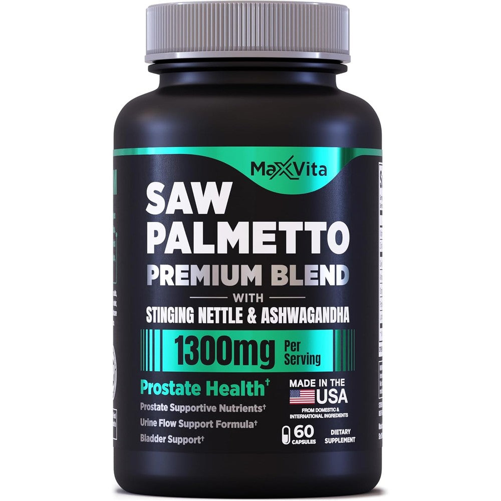 MaxVita Prostate Premium 60 capsules bottle front view showing saw palmetto and ashwagandha ingredients for men's wellness.