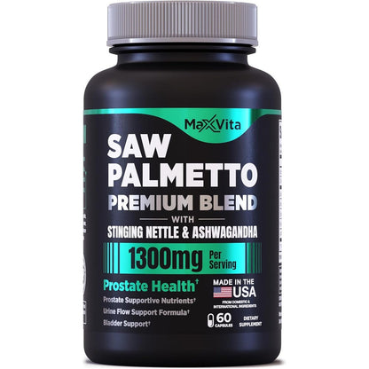 MaxVita Prostate Premium 60 capsules bottle front view showing saw palmetto and ashwagandha ingredients for men's wellness.