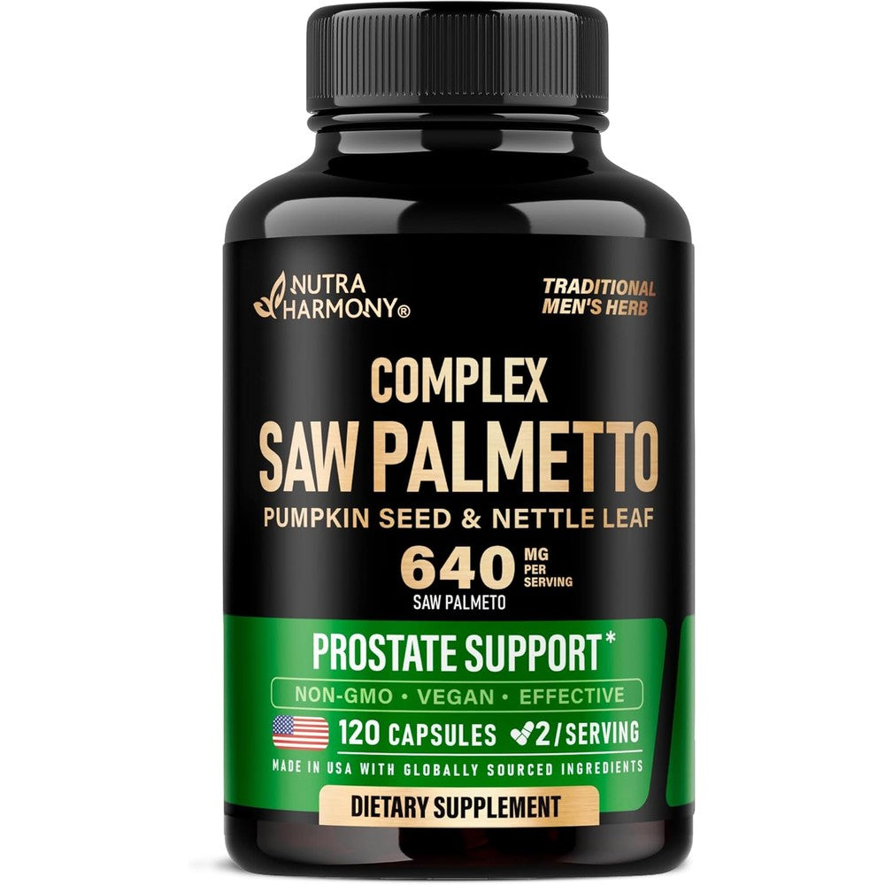 NUTRAHARMONY Saw Palmetto 640mg 120 capsules bottle front view showing men's herb complex label