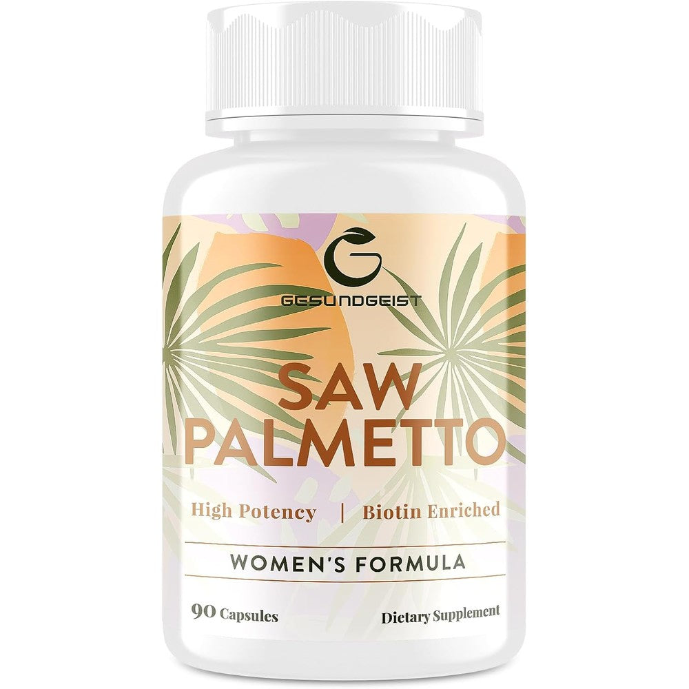 Gesundgeist Saw Palmetto For Women front view bottle of DHT blocker capsules for hair loss