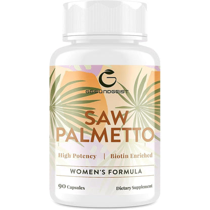 Gesundgeist Saw Palmetto For Women front view bottle of DHT blocker capsules for hair loss
