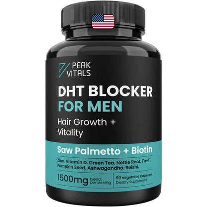 Peak Vitals DHT Blocker Hair Growth Supplements bottle front view showing 90 capsules label.