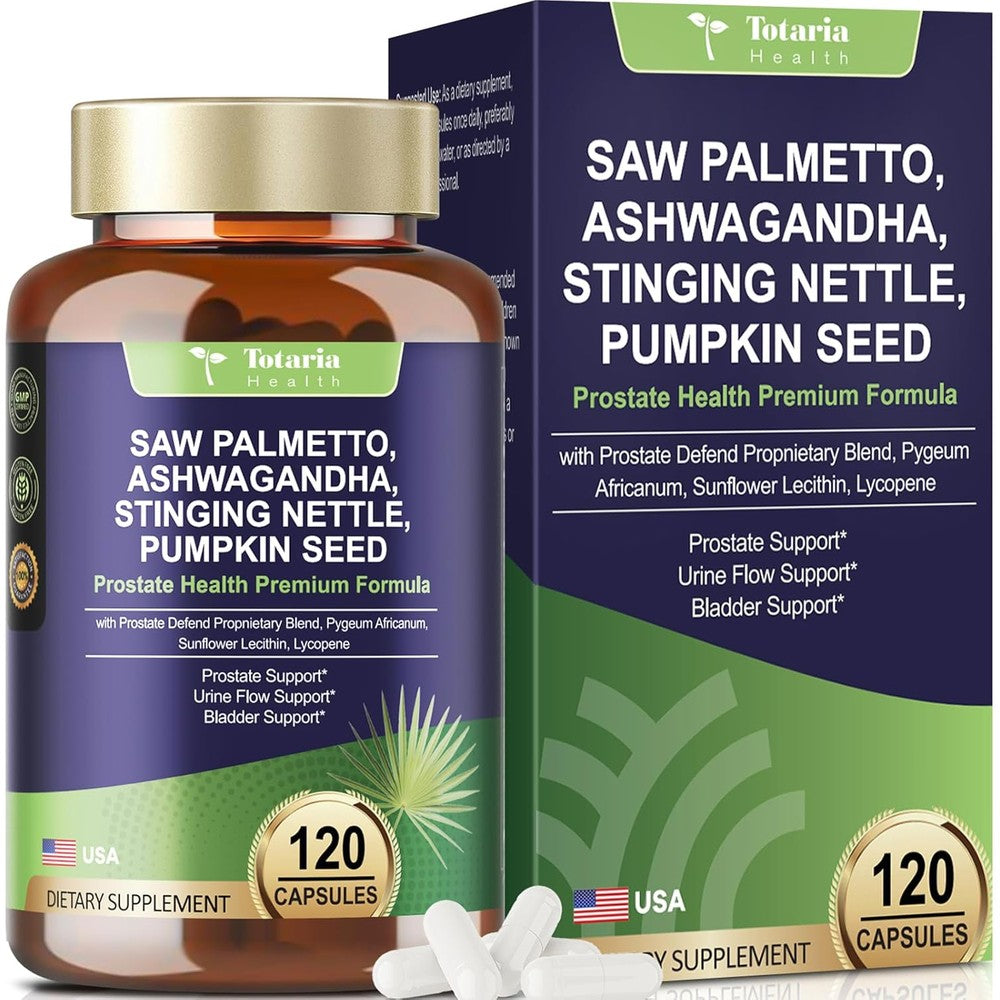 Totaria Organic Saw Palmetto 120 Capsules bottle front view showing prostate support benefits.