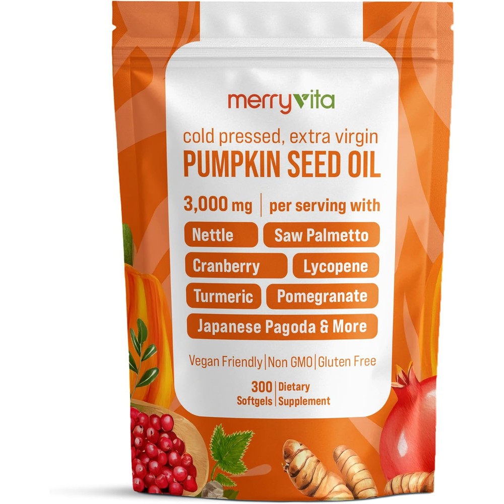 Merry Vita Pumpkin Seed Oil and Saw Palmetto bottle front view for prostate supplement.