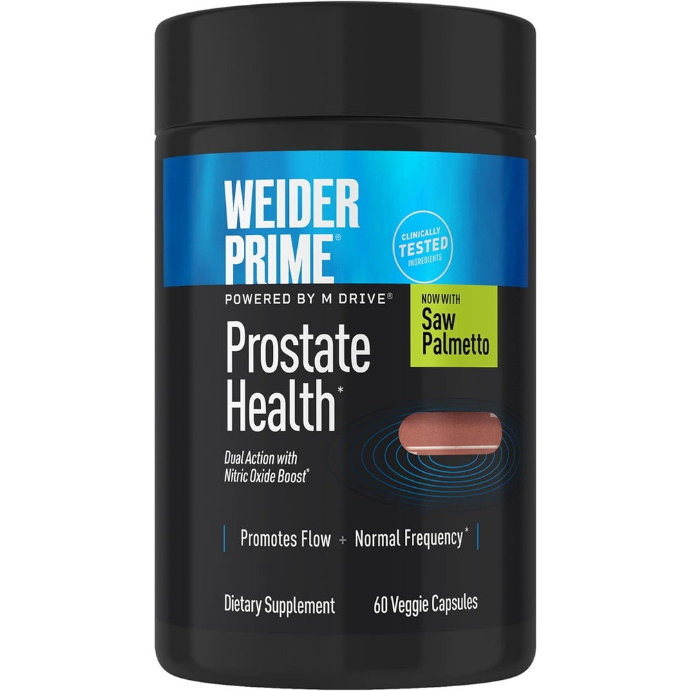 Weider Prime Prostate Health 60 veggie capsules front view showing dual action label