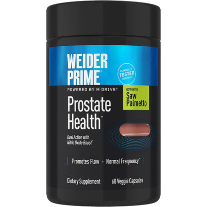 Weider Prime Prostate Health 60 veggie capsules front view showing dual action label