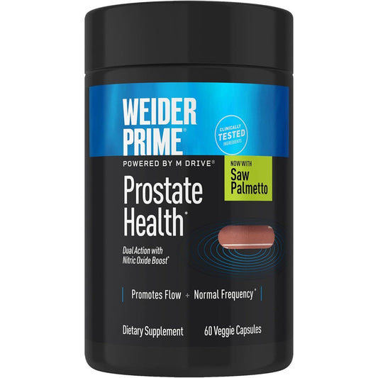 Weider Prime Prostate Health 60 veggie capsules front view showing dual action label