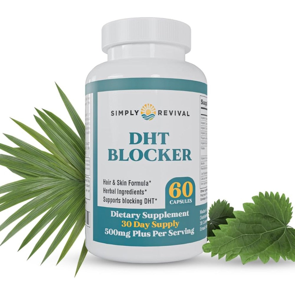 Simply Revival DHT Blocker and Saw Palmetto 60 capsules bottle front view showing hair growth benefits