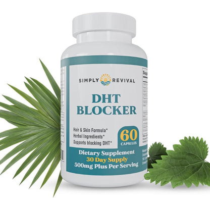 Simply Revival DHT Blocker and Saw Palmetto 60 capsules bottle front view showing hair growth benefits
