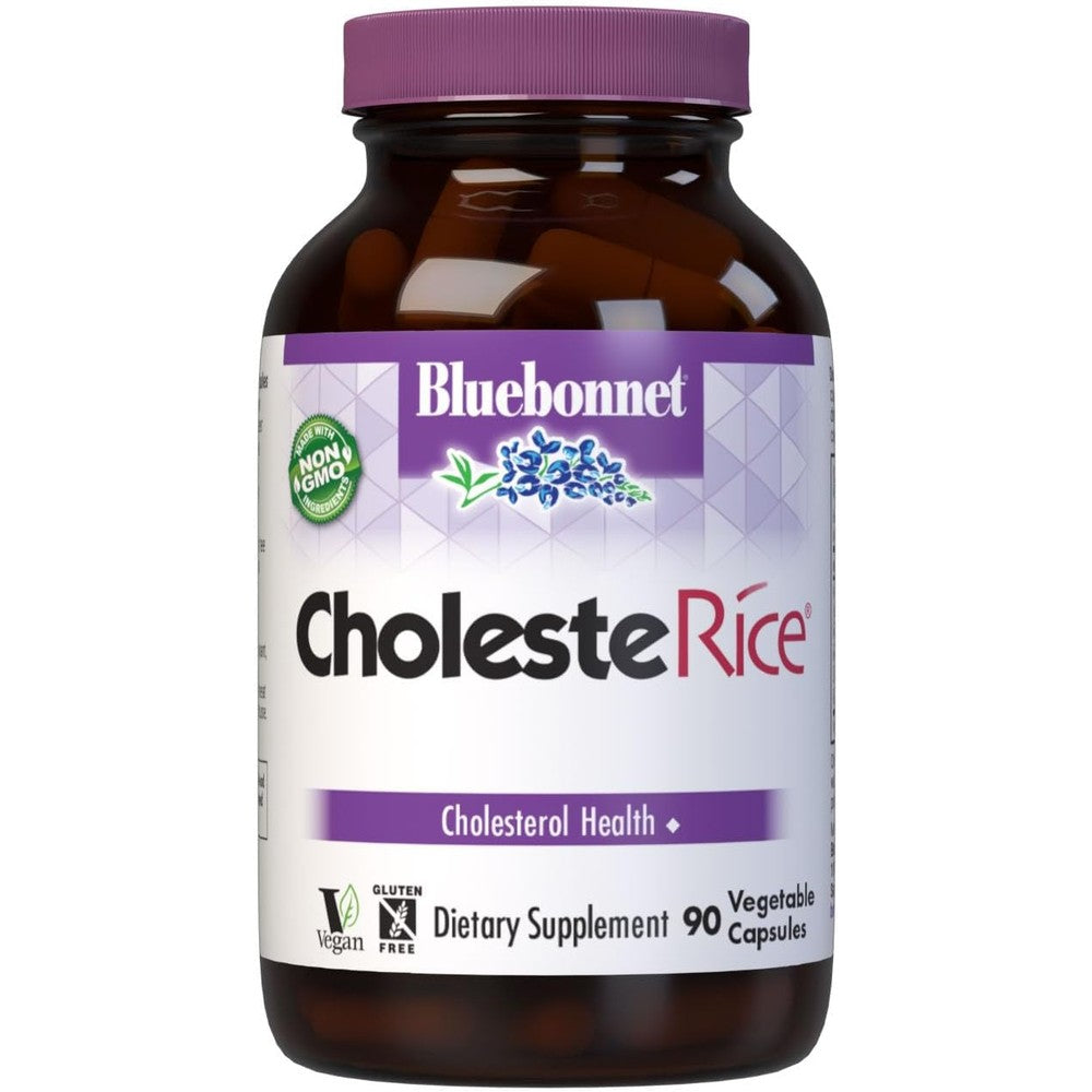 Bluebonnet CholesteRice Red Yeast Rice ninety vegetable capsules front view showing original packaging label for heart health