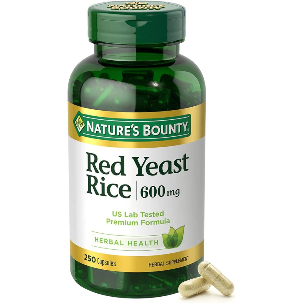 Nature's Bounty Red Yeast Rice 600 mg bottle front view showing 250 capsules for heart health