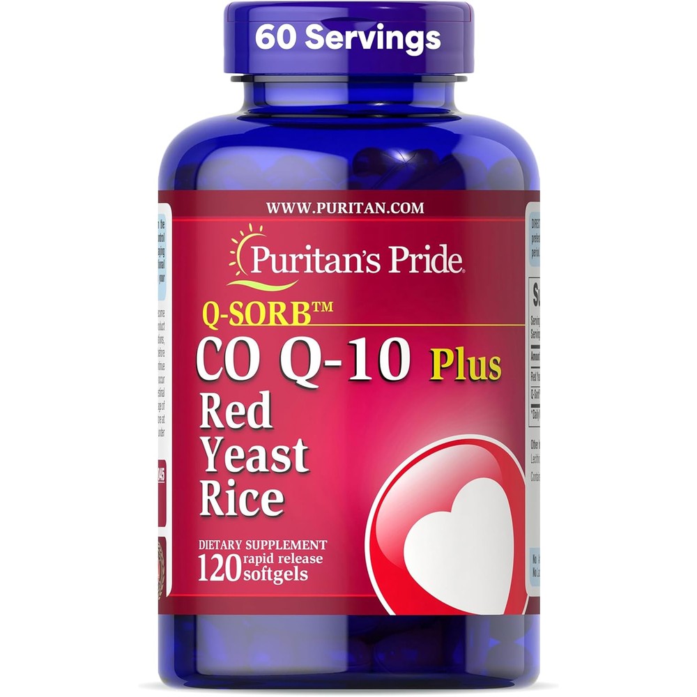 Puritan's Pride Q-Sorb CoQ10 Plus Red Yeast Rice 120 softgels front bottle view for heart health support