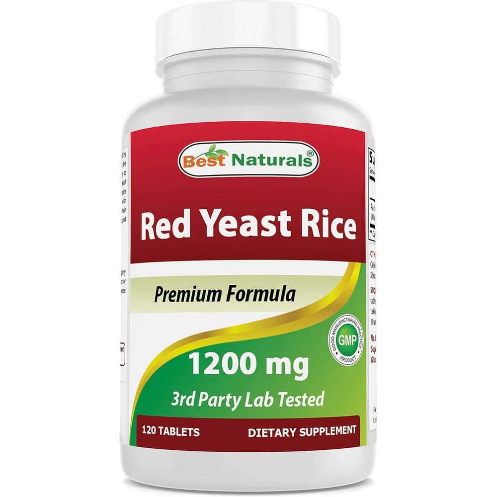 Best Naturals Red Yeast Rice 1200 mg 120 Tablets front bottle view showing authentic USA packaging.