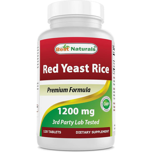 Best Naturals Red Yeast Rice 1200 mg 120 Tablets front bottle view showing authentic USA packaging.