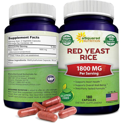aSquared Nutrition Red Yeast Rice 1800mg bottle front view for cardiovascular support.